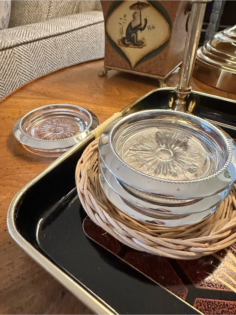 Vintage Silver-Tone Glass Coasters with Sunburst Detail - Set of 4